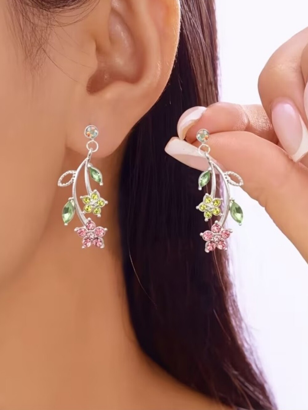 Silver Floral Drop Earrings with Pink and Yellow  Flowers
